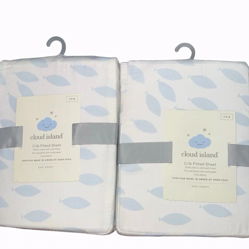 Set of Two Cloud Island Crib Fitted Sheet Light Blue Fish Pattern New with Tag